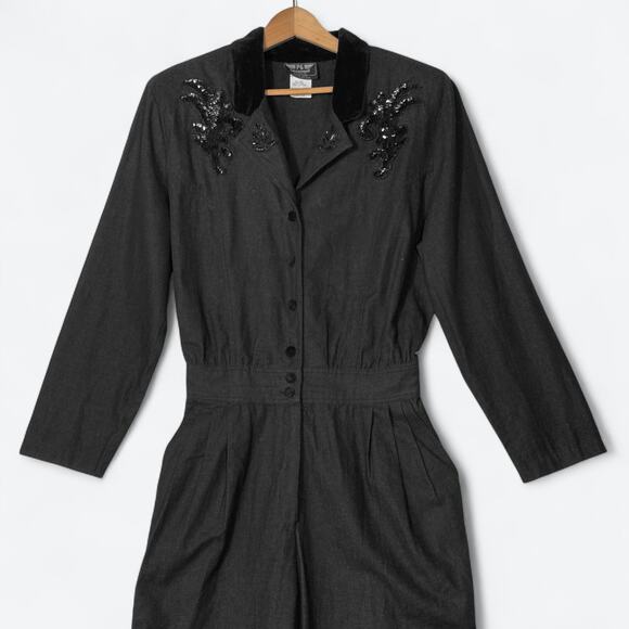 VTG 90s 80s Denim & Velvet Flight Suit Jumpsuit Women's 14 Sequins Utility Glam - Picture 1 of 10